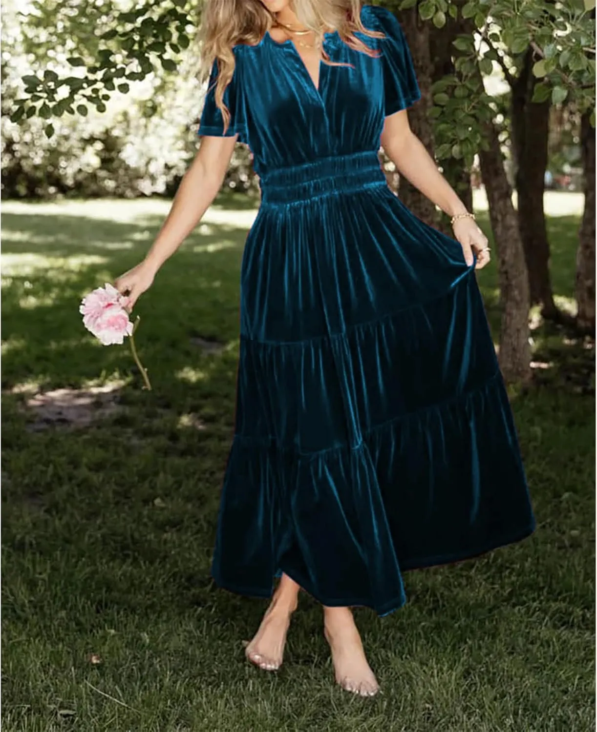 Women's Fall Winter Vintage Velvet Dress Short Sleeve V Neck Elastic Waist Tiered Ruffle A-Line Flowy Maxi Dress 2024