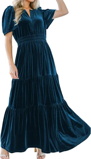 Women's Fall Winter Vintage Velvet Dress Short Sleeve V Neck Elastic Waist Tiered Ruffle A-Line Flowy Maxi Dress 2024