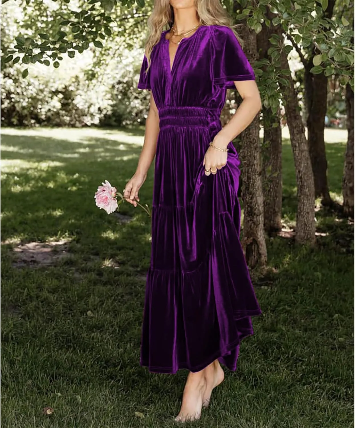 Women's Fall Winter Vintage Velvet Dress Short Sleeve V Neck Elastic Waist Tiered Ruffle A-Line Flowy Maxi Dress 2024