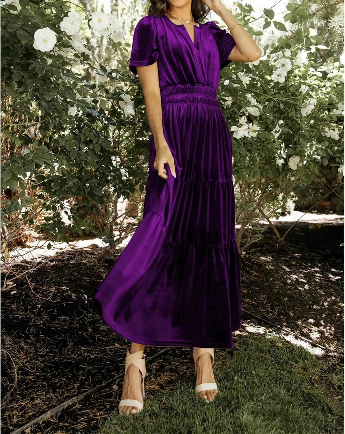 Women's Fall Winter Vintage Velvet Dress Short Sleeve V Neck Elastic Waist Tiered Ruffle A-Line Flowy Maxi Dress 2024