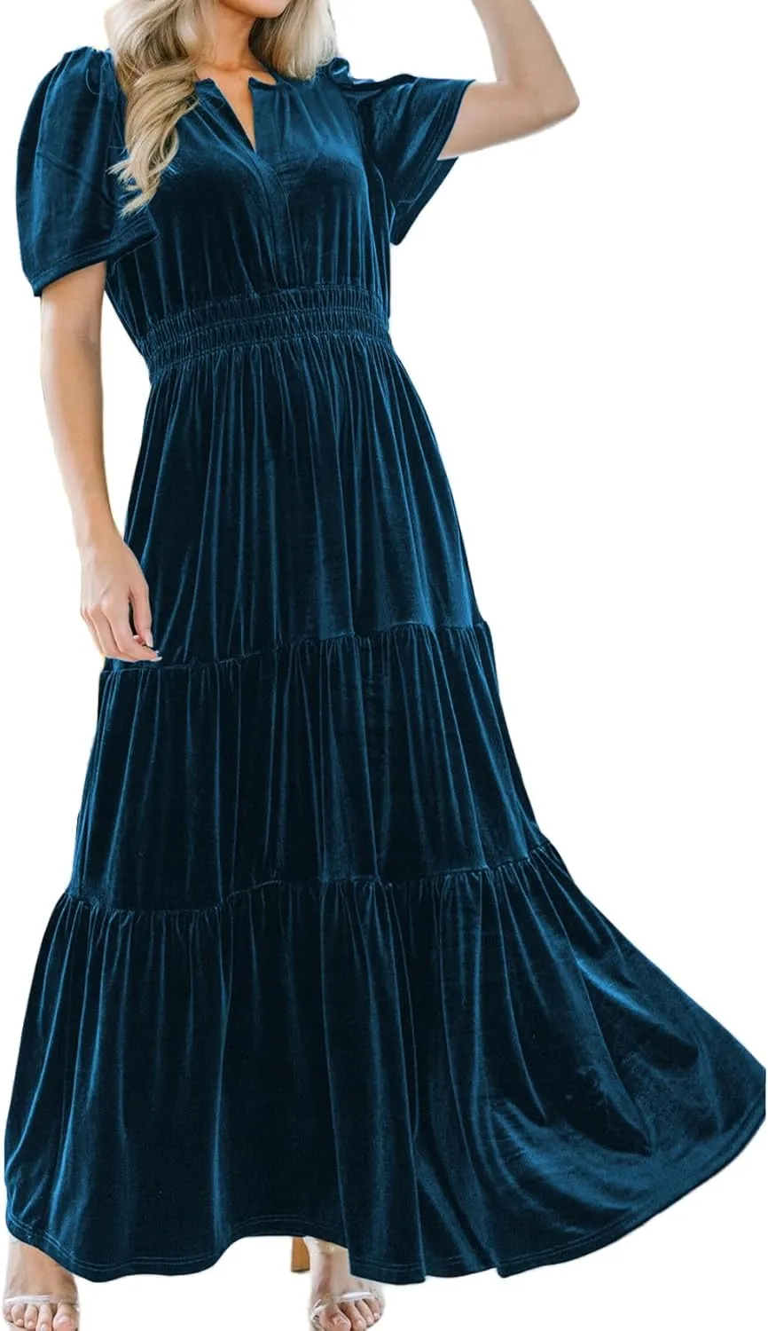 Women's Fall Winter Vintage Velvet Dress Short Sleeve V Neck Elastic Waist Tiered Ruffle A-Line Flowy Maxi Dress 2024