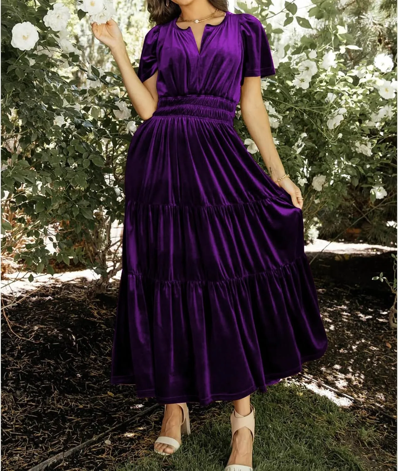 Women's Fall Winter Vintage Velvet Dress Short Sleeve V Neck Elastic Waist Tiered Ruffle A-Line Flowy Maxi Dress 2024