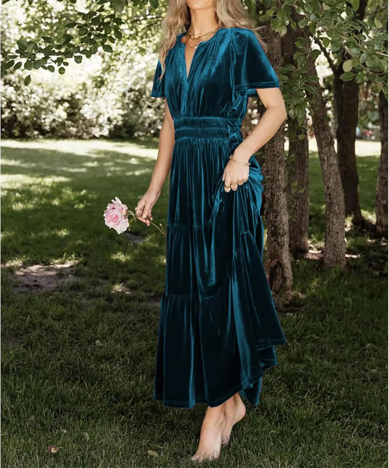 Women's Fall Winter Vintage Velvet Dress Short Sleeve V Neck Elastic Waist Tiered Ruffle A-Line Flowy Maxi Dress 2024