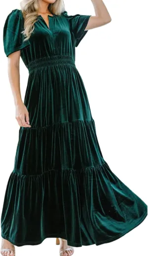 Women's Fall Winter Vintage Velvet Dress Short Sleeve V Neck Elastic Waist Tiered Ruffle A-Line Flowy Maxi Dress 2024