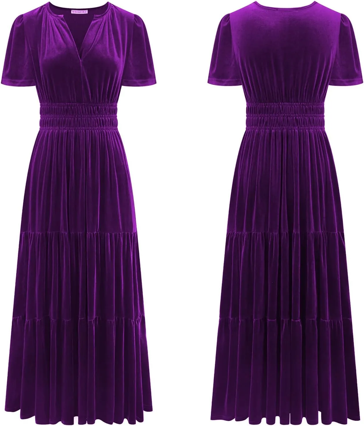 Women's Fall Winter Vintage Velvet Dress Short Sleeve V Neck Elastic Waist Tiered Ruffle A-Line Flowy Maxi Dress 2024