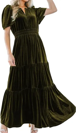 Women's Fall Winter Vintage Velvet Dress Short Sleeve V Neck Elastic Waist Tiered Ruffle A-Line Flowy Maxi Dress 2024