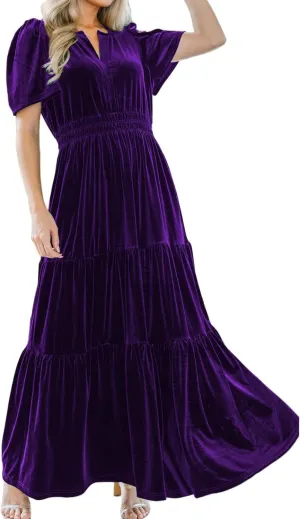 Women's Fall Winter Vintage Velvet Dress Short Sleeve V Neck Elastic Waist Tiered Ruffle A-Line Flowy Maxi Dress 2024
