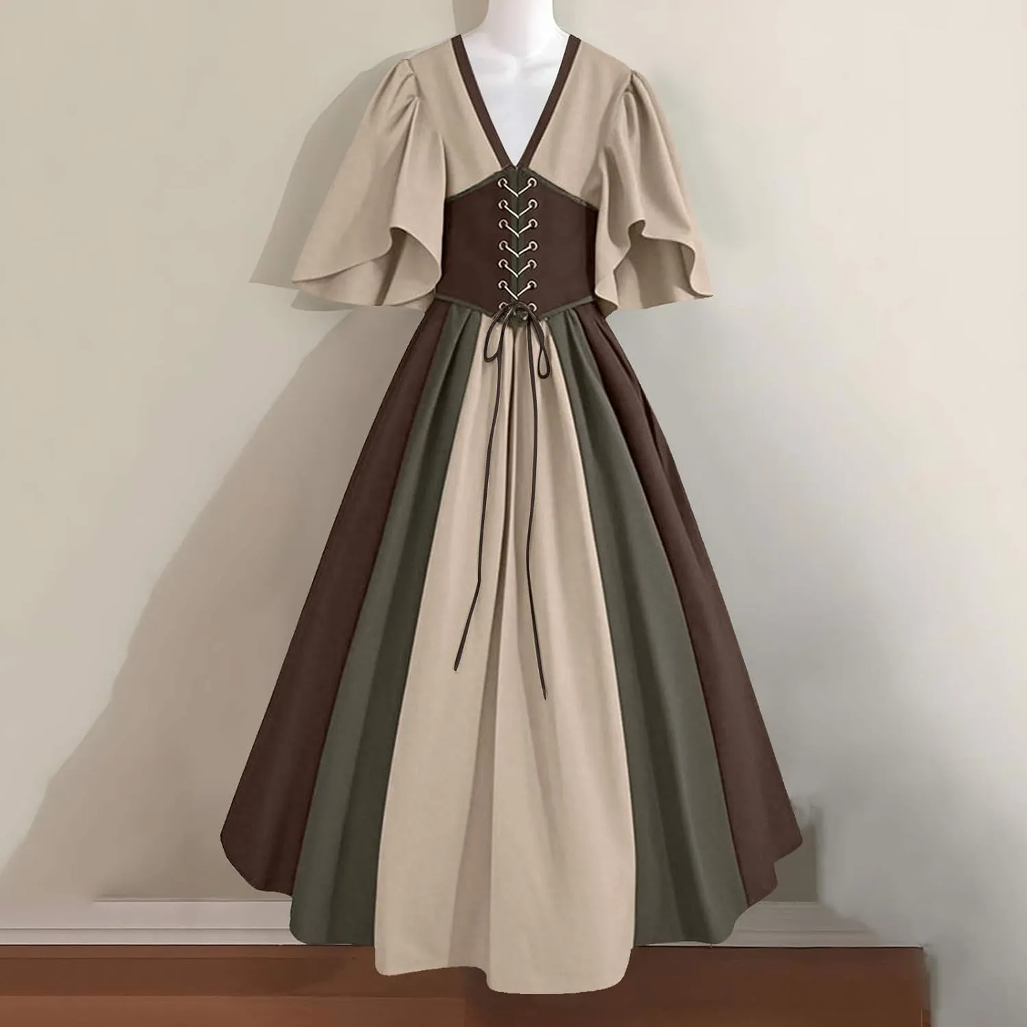 Women's Gothic Maxi Dresses with Corset, Medieval Court Style Flying Sleeves V-Neck Contrast Cocktail Swing Dress