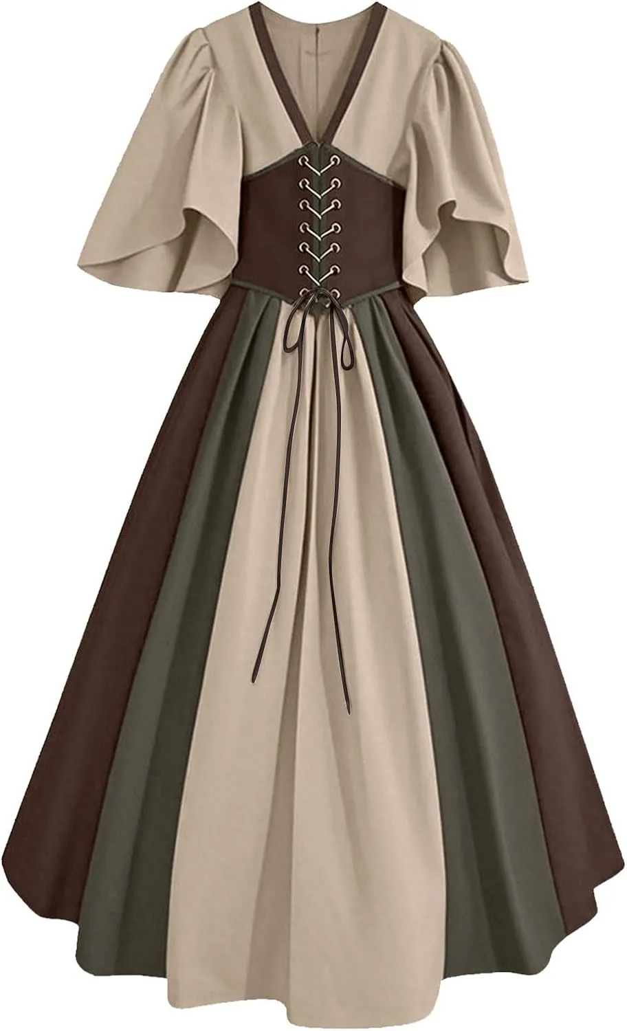 Women's Gothic Maxi Dresses with Corset, Medieval Court Style Flying Sleeves V-Neck Contrast Cocktail Swing Dress