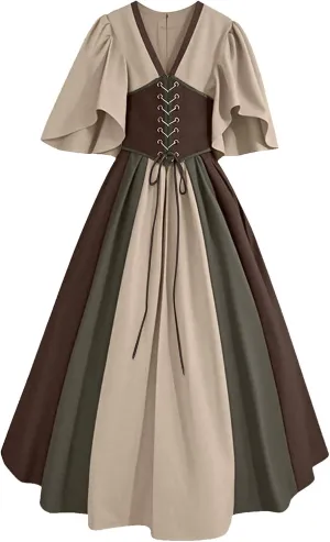 Women's Gothic Maxi Dresses with Corset, Medieval Court Style Flying Sleeves V-Neck Contrast Cocktail Swing Dress