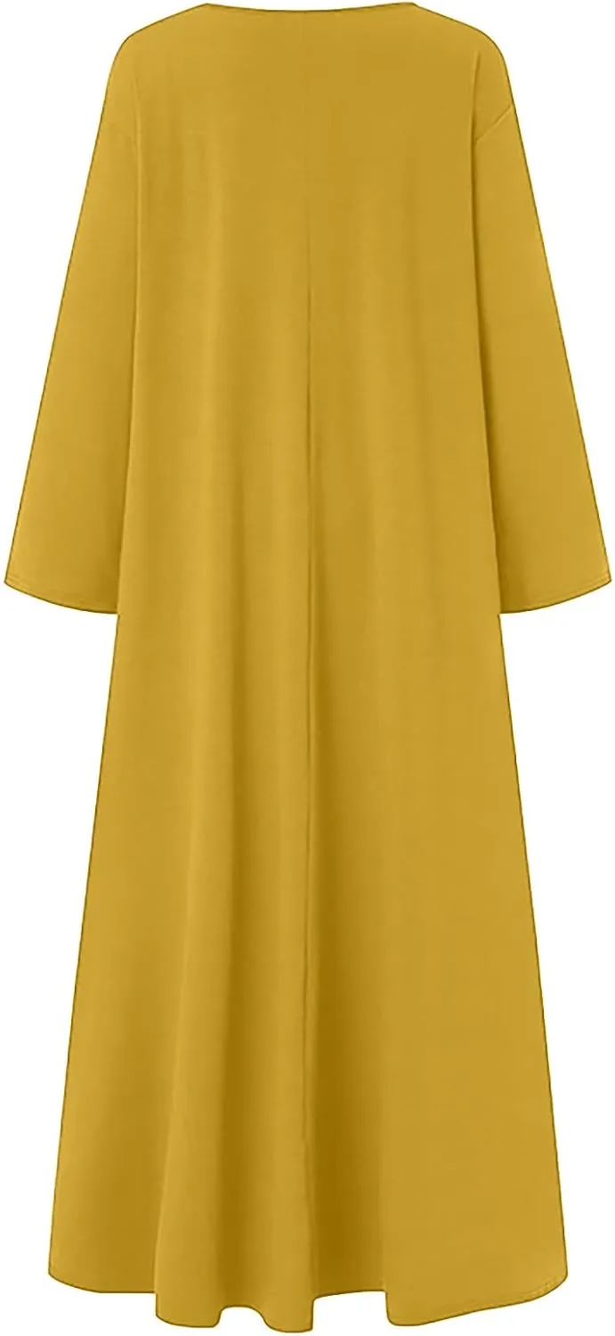 Women's Long Dresses Fall Plus Size V-Neck Pleated A Line High Low Dress Long Sleeve Lightweight Flowy Maxi Dresses