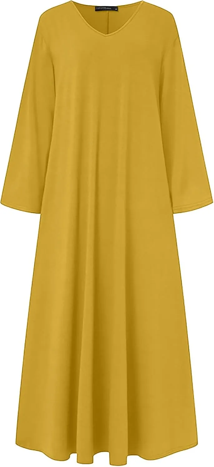 Women's Long Dresses Fall Plus Size V-Neck Pleated A Line High Low Dress Long Sleeve Lightweight Flowy Maxi Dresses