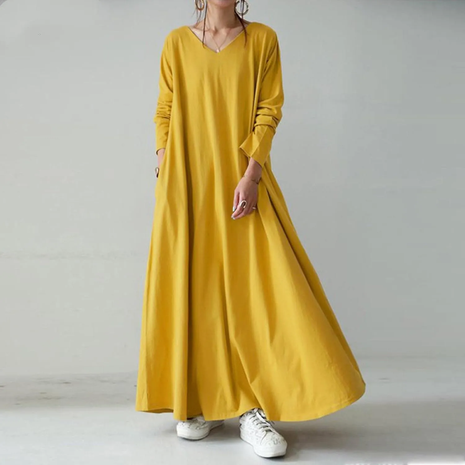 Women's Long Dresses Fall Plus Size V-Neck Pleated A Line High Low Dress Long Sleeve Lightweight Flowy Maxi Dresses