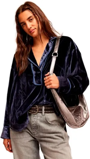Women's Luxy Solid Velvet Shirt, Night Sky