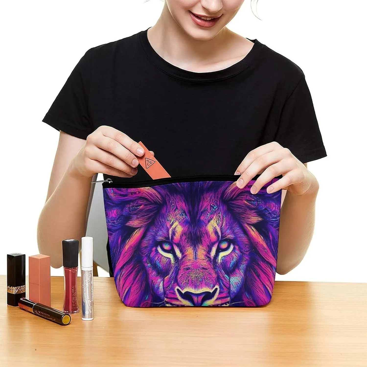 Womens Makeup Organizer Pouch, Aesthetic Cosmetic Bag Portable Zipper Toiletry Purse Colorful Lion Galaxy Art Makeup Bag Travel Accessories