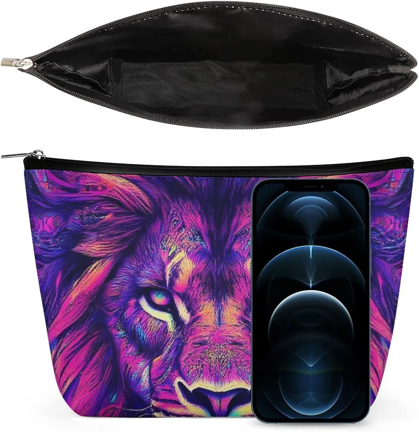 Womens Makeup Organizer Pouch, Aesthetic Cosmetic Bag Portable Zipper Toiletry Purse Colorful Lion Galaxy Art Makeup Bag Travel Accessories