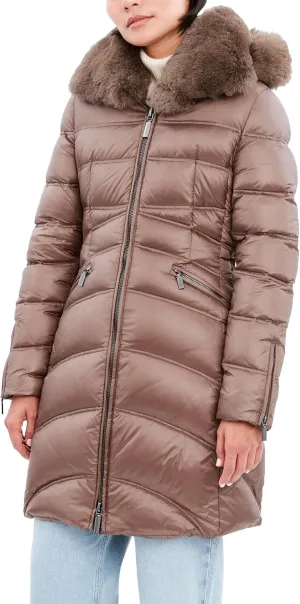 Women's Mid Length Puffer Jacket With Shearling Hood