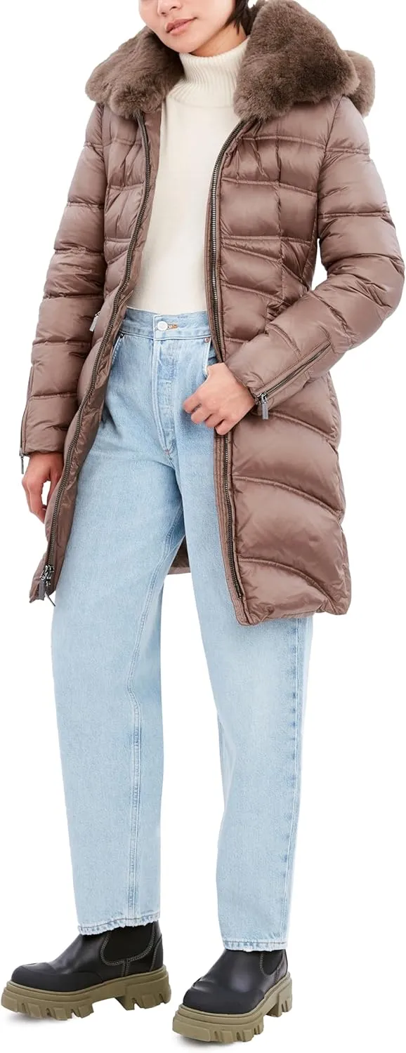 Women's Mid Length Puffer Jacket With Shearling Hood