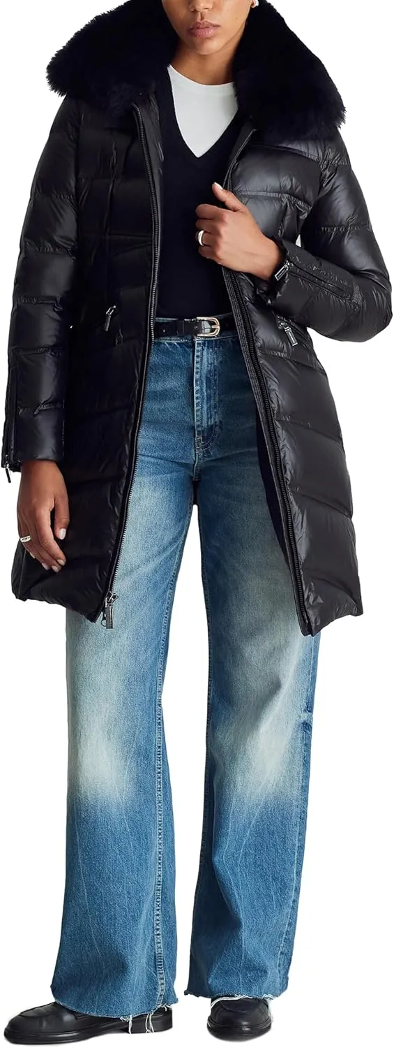 Women's Mid Length Puffer Jacket With Shearling Hood