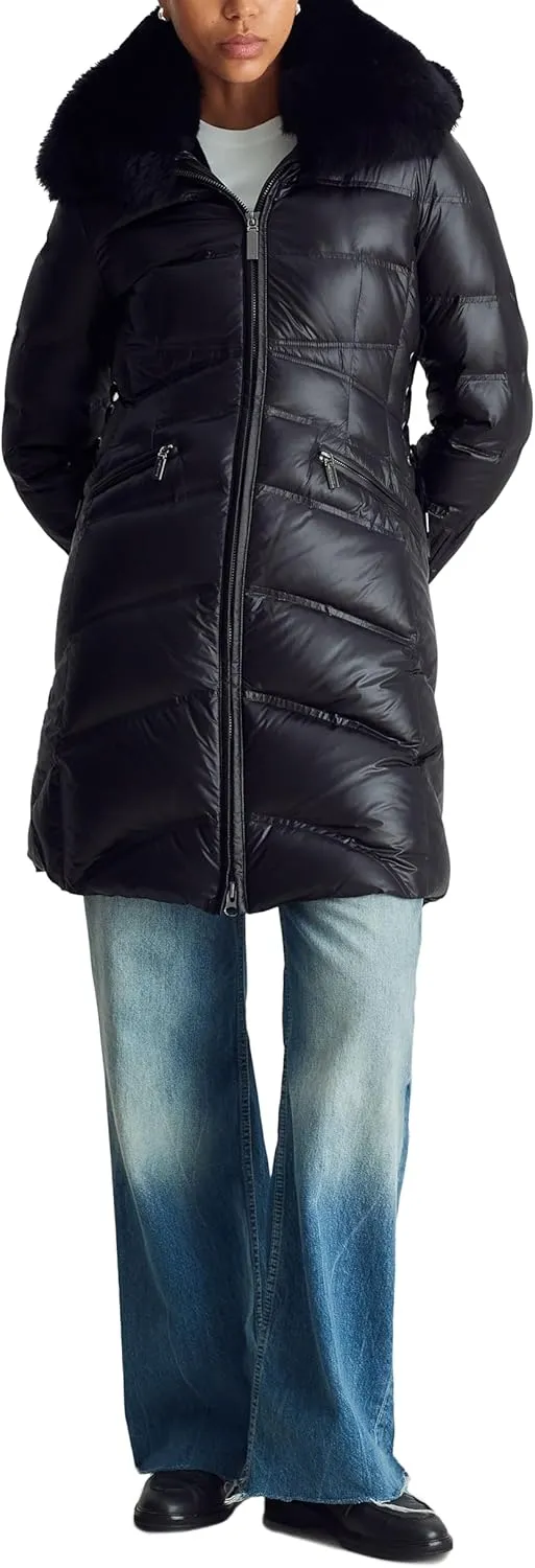Women's Mid Length Puffer Jacket With Shearling Hood