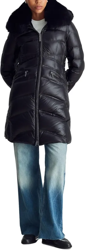 Women's Mid Length Puffer Jacket With Shearling Hood