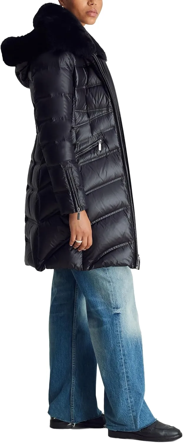 Women's Mid Length Puffer Jacket With Shearling Hood