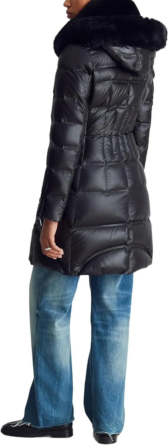 Women's Mid Length Puffer Jacket With Shearling Hood