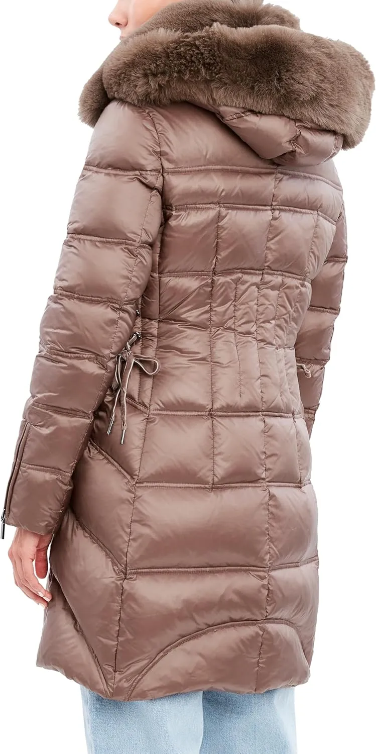 Women's Mid Length Puffer Jacket With Shearling Hood