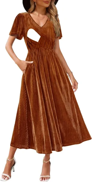 Women's Nursing Short Sleeve V Neck Velvet Maxi Dress Flowy Wedding Party Dresses with Pockets