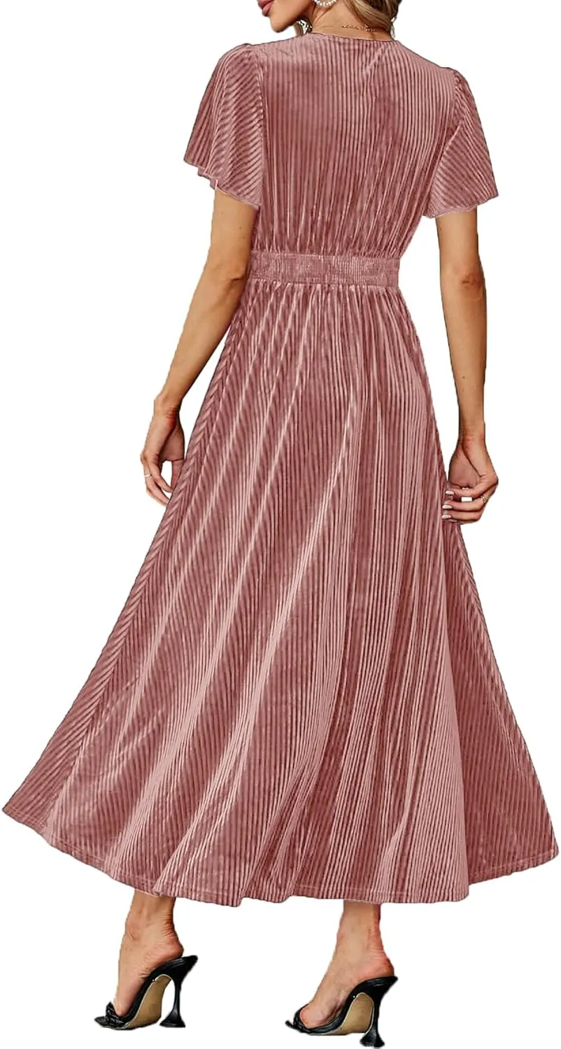 Women's Nursing Short Sleeve V Neck Velvet Maxi Dress Flowy Wedding Party Dresses with Pockets