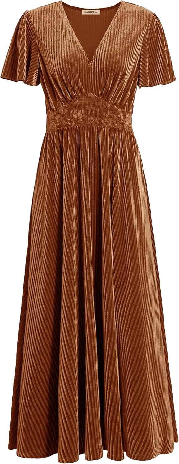 Women's Nursing Short Sleeve V Neck Velvet Maxi Dress Flowy Wedding Party Dresses with Pockets