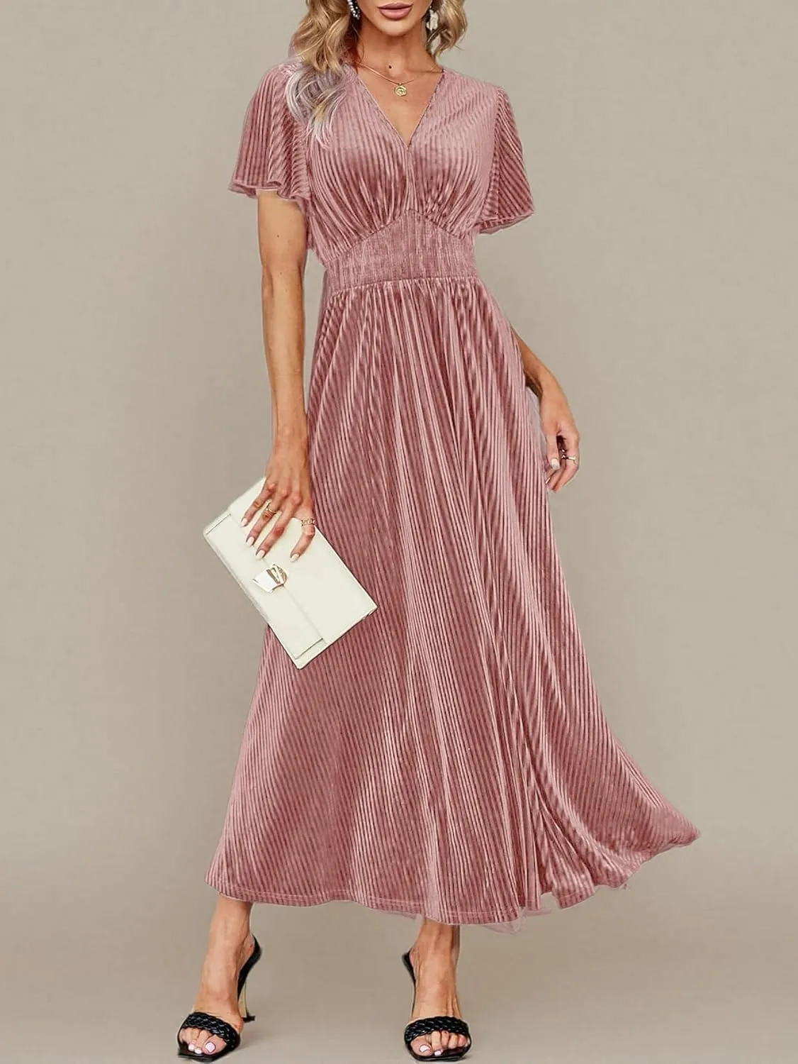 Women's Nursing Short Sleeve V Neck Velvet Maxi Dress Flowy Wedding Party Dresses with Pockets