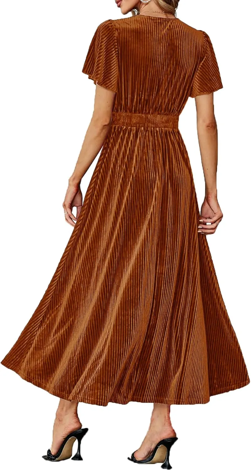 Women's Nursing Short Sleeve V Neck Velvet Maxi Dress Flowy Wedding Party Dresses with Pockets