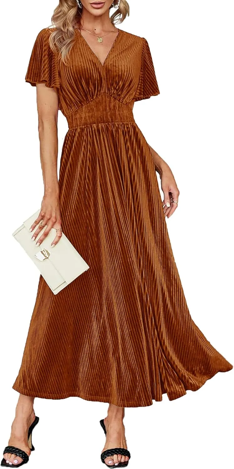 Women's Nursing Short Sleeve V Neck Velvet Maxi Dress Flowy Wedding Party Dresses with Pockets