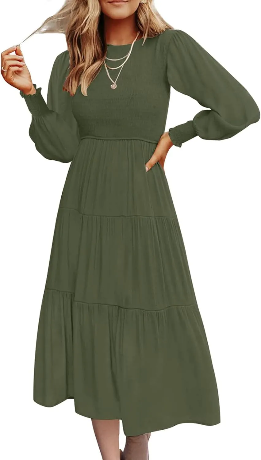 Women's Plus Size Dresses Casual 2024 Pleated a Line Swing Dress Empire Waist Long Sleeve Flowy Holiday Maxi Dresses