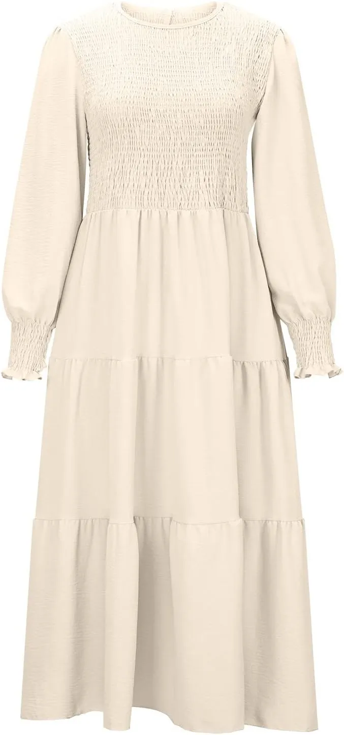 Women's Plus Size Dresses Casual 2024 Pleated a Line Swing Dress Empire Waist Long Sleeve Flowy Holiday Maxi Dresses