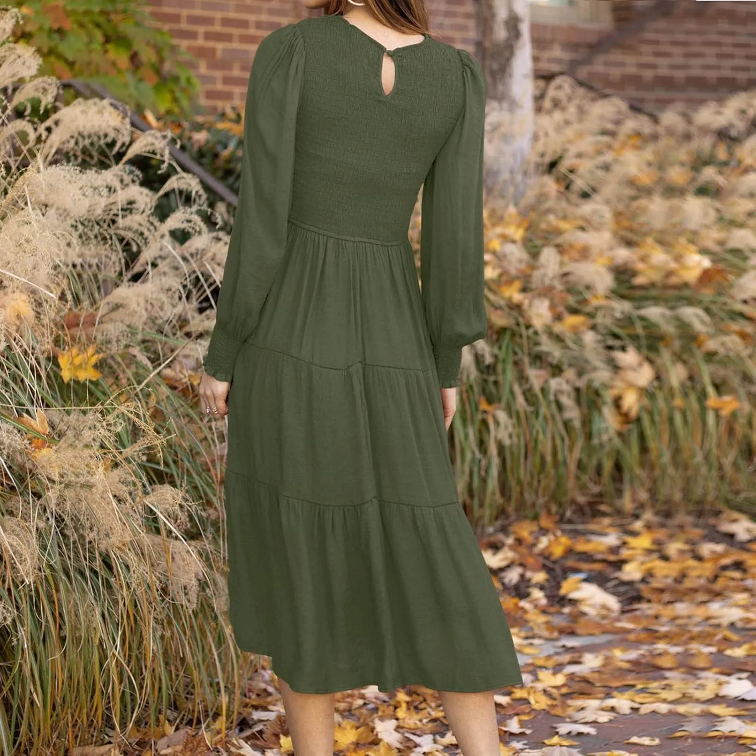 Women's Plus Size Dresses Casual 2024 Pleated a Line Swing Dress Empire Waist Long Sleeve Flowy Holiday Maxi Dresses