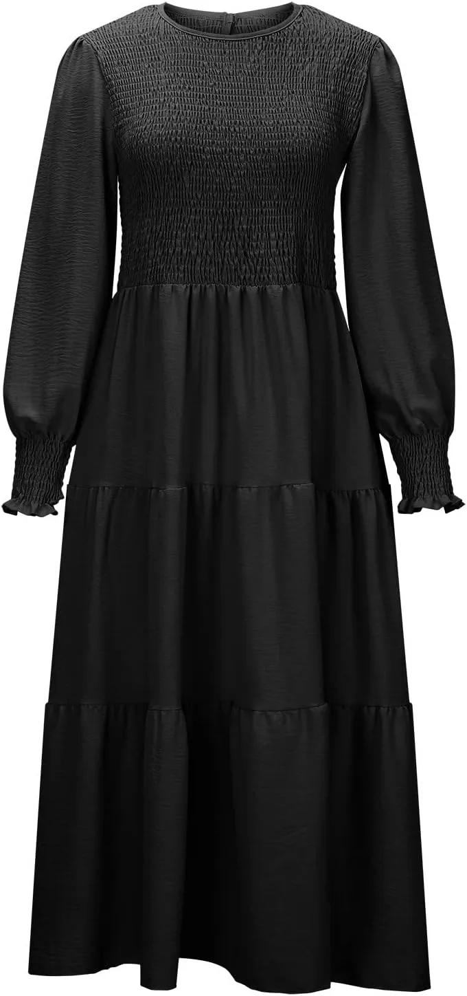 Women's Plus Size Dresses Casual 2024 Pleated a Line Swing Dress Empire Waist Long Sleeve Flowy Holiday Maxi Dresses