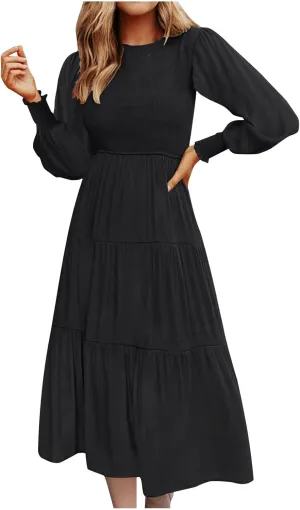 Women's Plus Size Dresses Casual 2024 Pleated a Line Swing Dress Empire Waist Long Sleeve Flowy Holiday Maxi Dresses