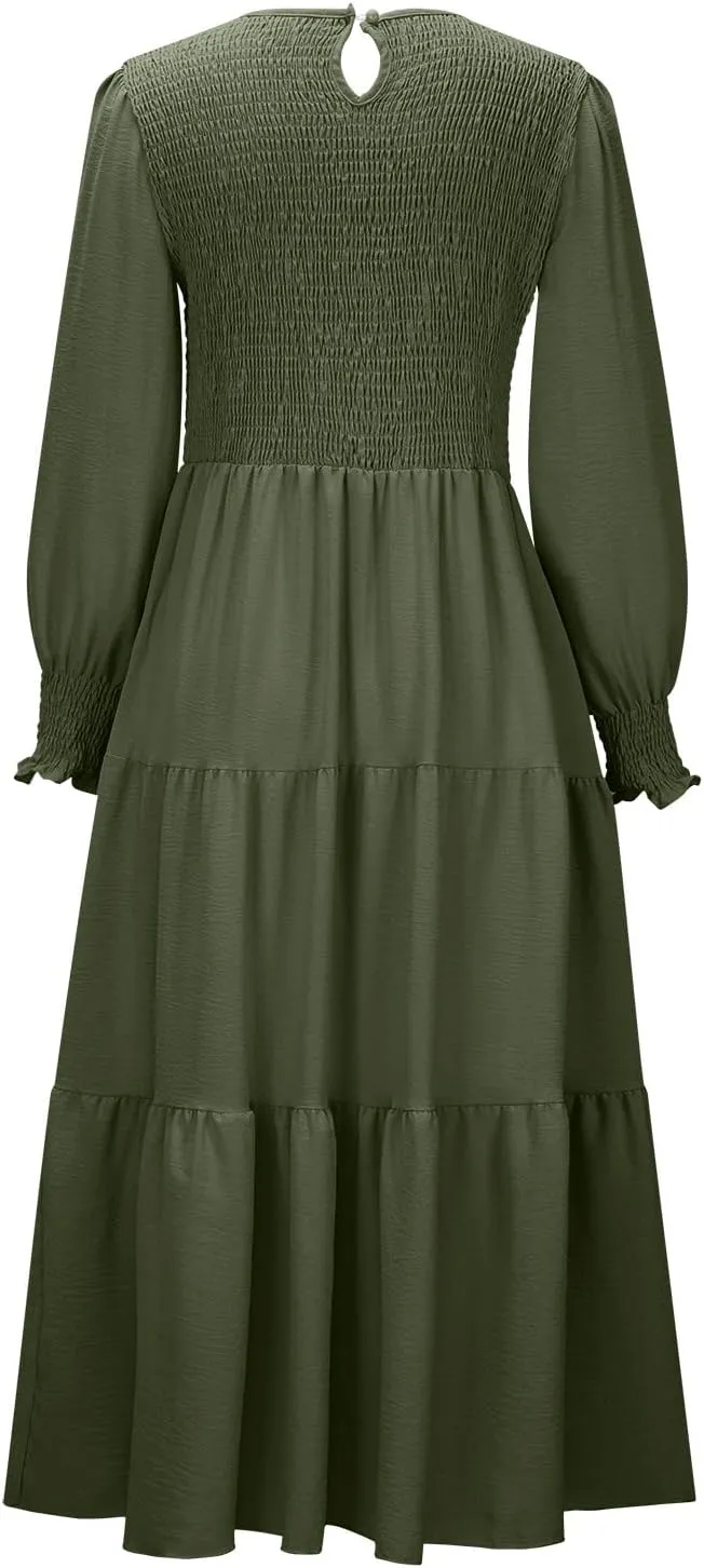 Women's Plus Size Dresses Casual 2024 Pleated a Line Swing Dress Empire Waist Long Sleeve Flowy Holiday Maxi Dresses