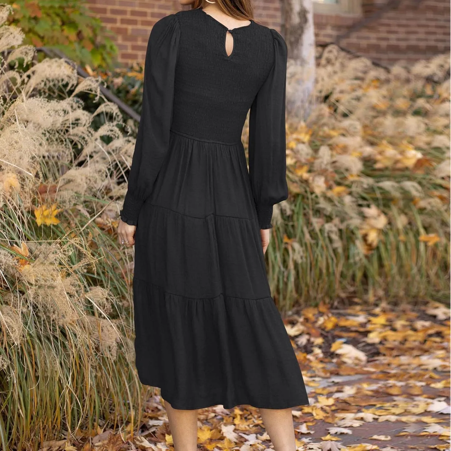 Women's Plus Size Dresses Casual 2024 Pleated a Line Swing Dress Empire Waist Long Sleeve Flowy Holiday Maxi Dresses