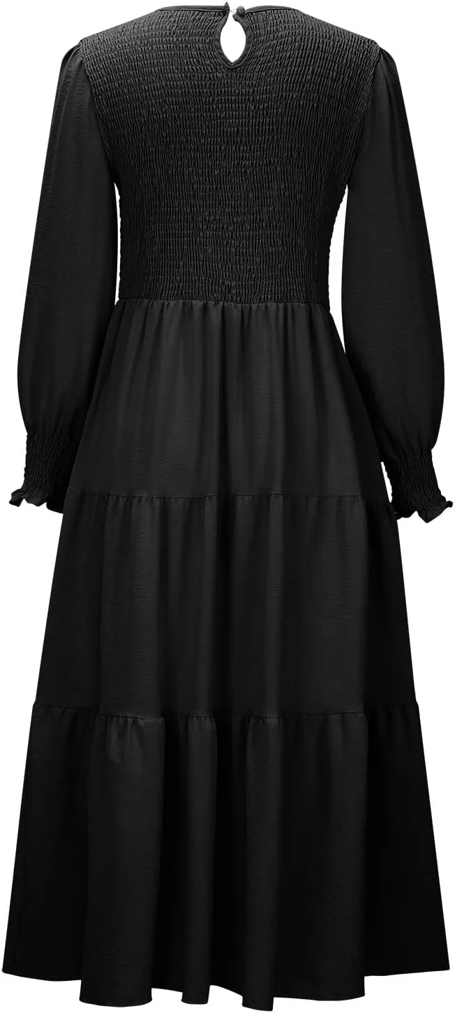 Women's Plus Size Dresses Casual 2024 Pleated a Line Swing Dress Empire Waist Long Sleeve Flowy Holiday Maxi Dresses