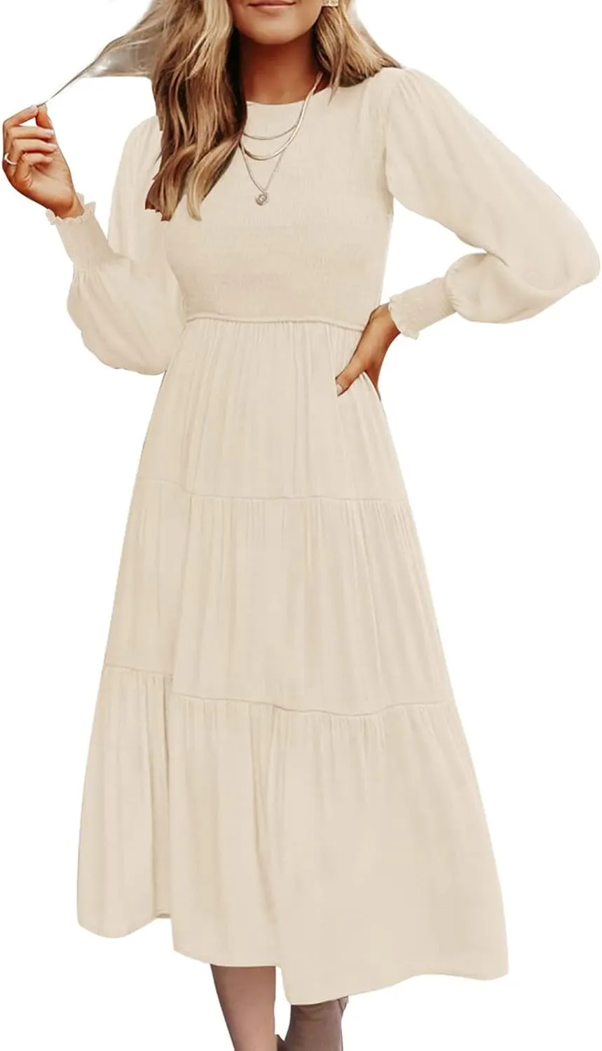 Women's Plus Size Dresses Casual 2024 Pleated a Line Swing Dress Empire Waist Long Sleeve Flowy Holiday Maxi Dresses