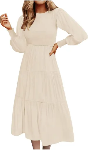 Women's Plus Size Dresses Casual 2024 Pleated a Line Swing Dress Empire Waist Long Sleeve Flowy Holiday Maxi Dresses