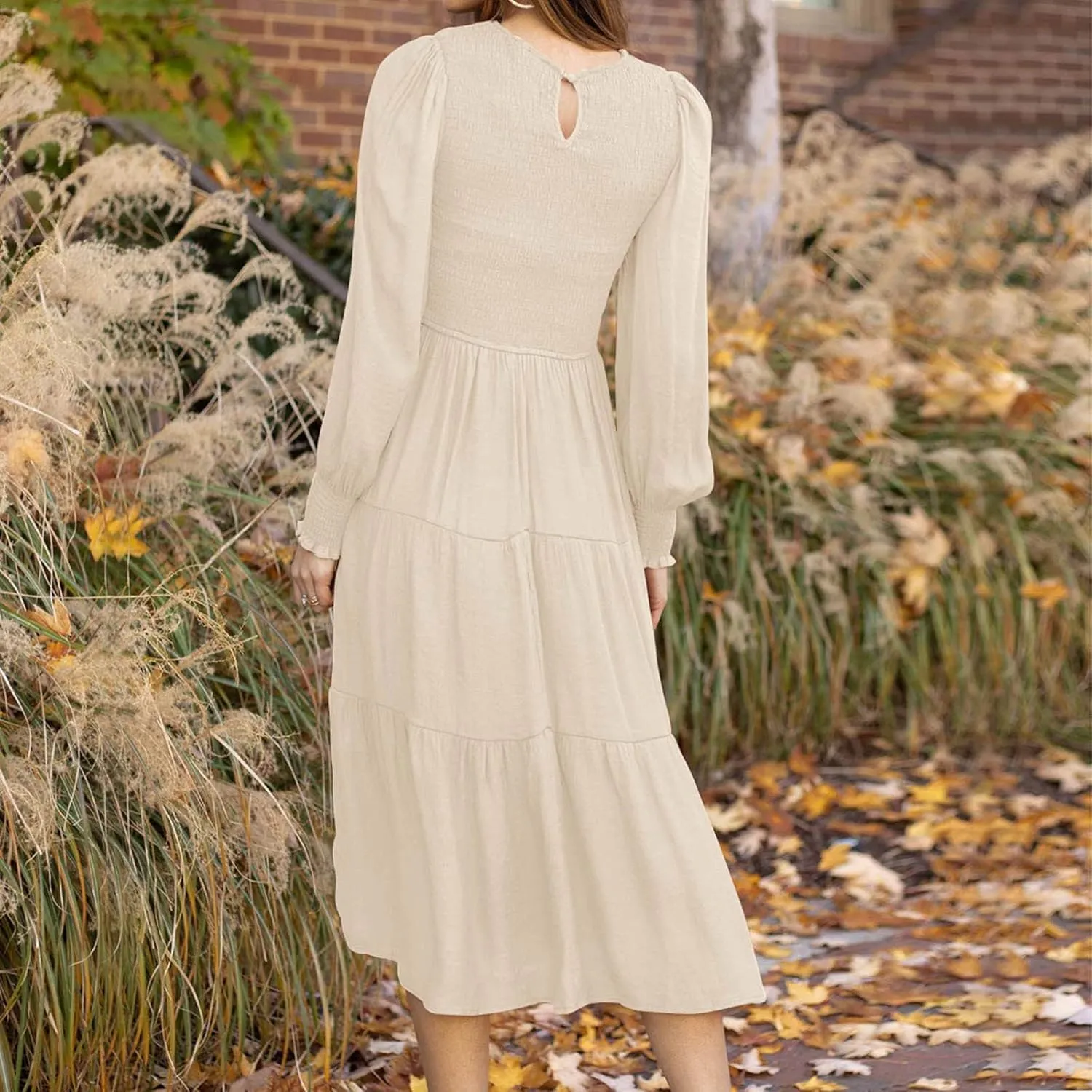 Women's Plus Size Dresses Casual 2024 Pleated a Line Swing Dress Empire Waist Long Sleeve Flowy Holiday Maxi Dresses