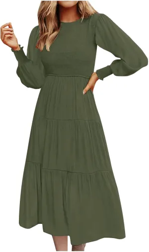 Women's Plus Size Dresses Casual 2024 Pleated a Line Swing Dress Empire Waist Long Sleeve Flowy Holiday Maxi Dresses