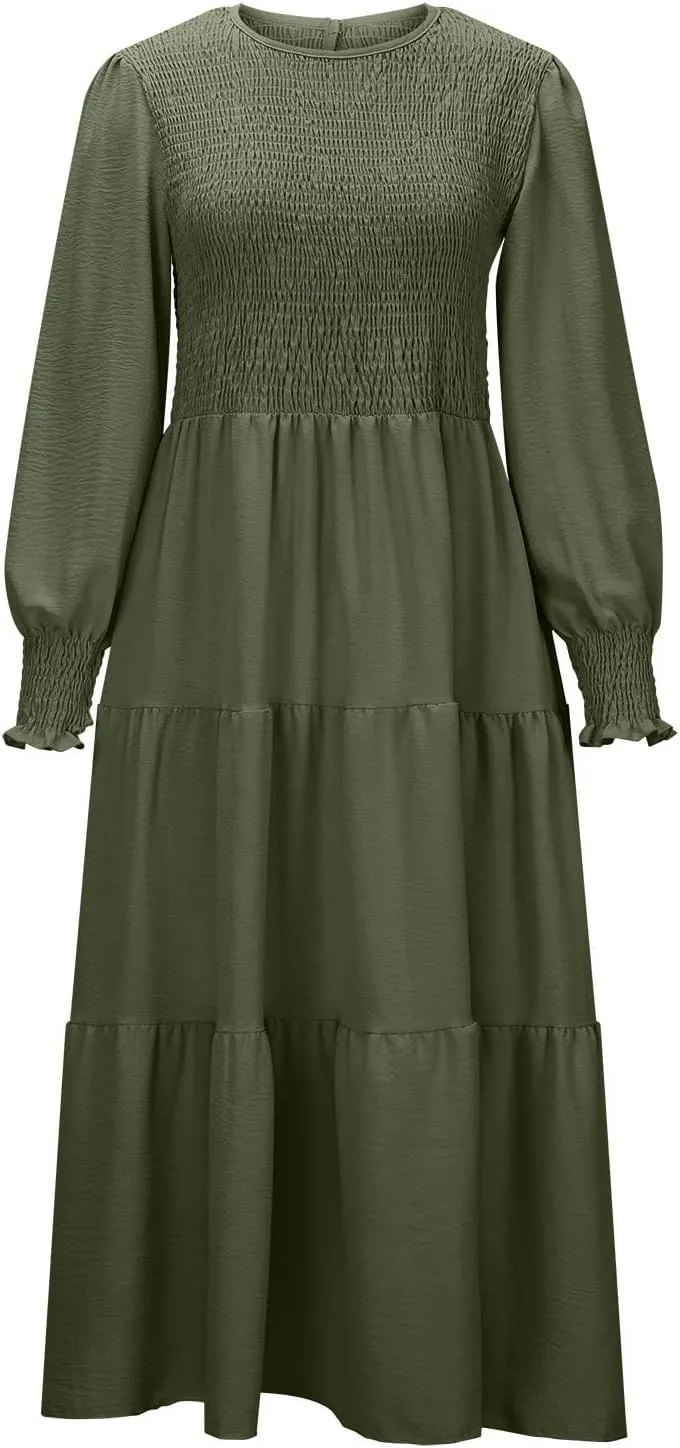Women's Plus Size Dresses Casual 2024 Pleated a Line Swing Dress Empire Waist Long Sleeve Flowy Holiday Maxi Dresses