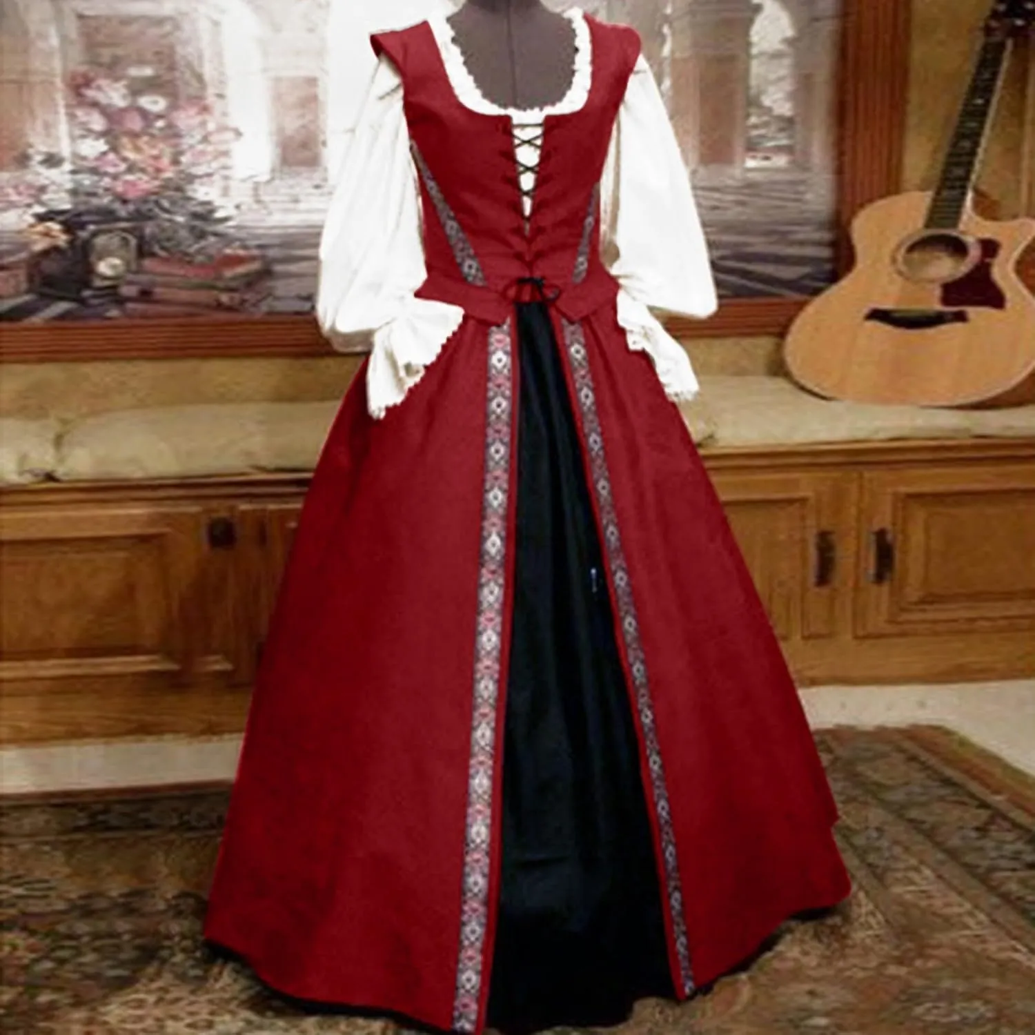 Womens Renaissance Dress 2023 Trendy Ruffle Bell Sleeve Square Neck Tie Up Dress Classic Vintage Victorian Dress