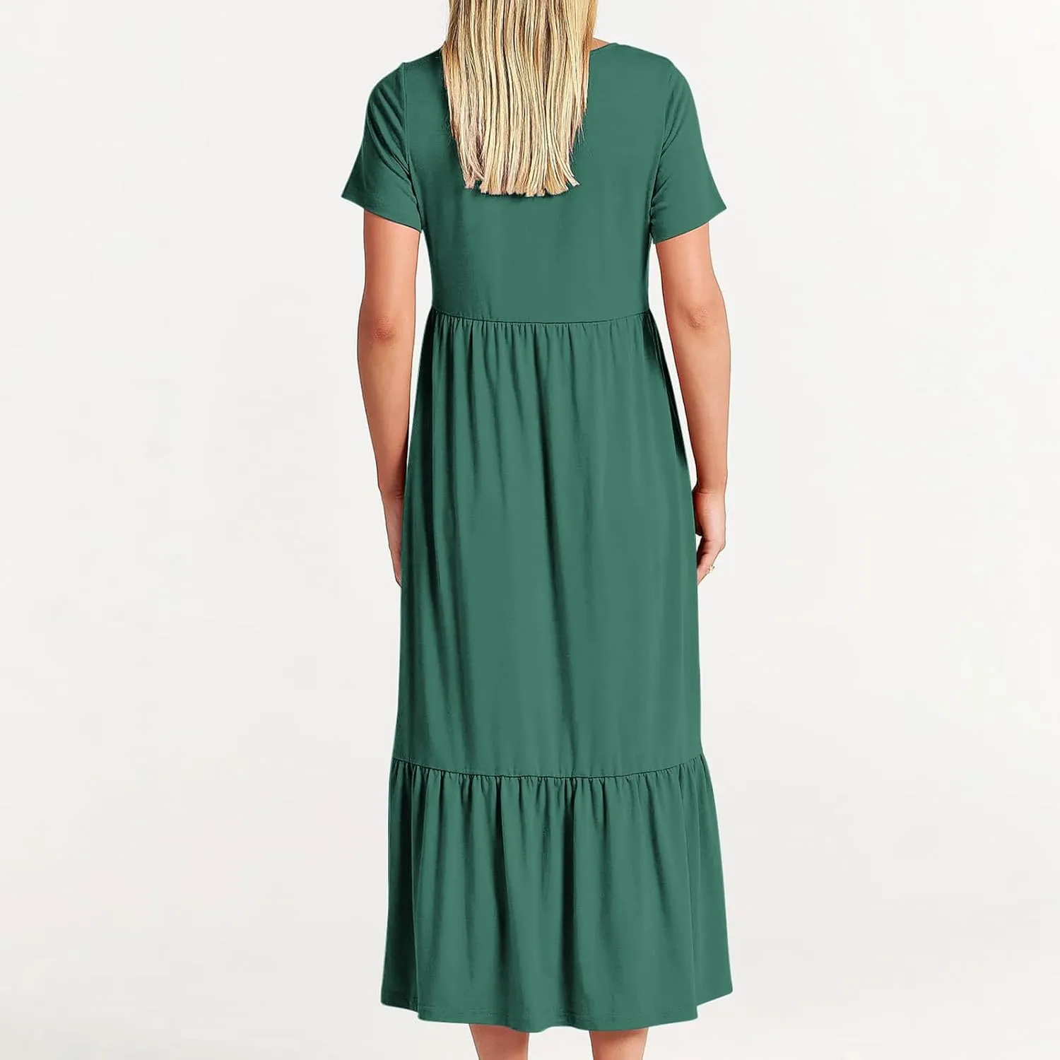 Womens Short Sleeve Trendy Midi Dress Simple Solid Color Long Dresses Crewneck Loose Fit Casual Sundress