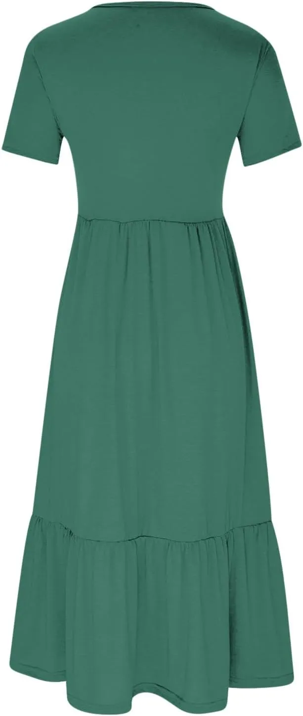 Womens Short Sleeve Trendy Midi Dress Simple Solid Color Long Dresses Crewneck Loose Fit Casual Sundress